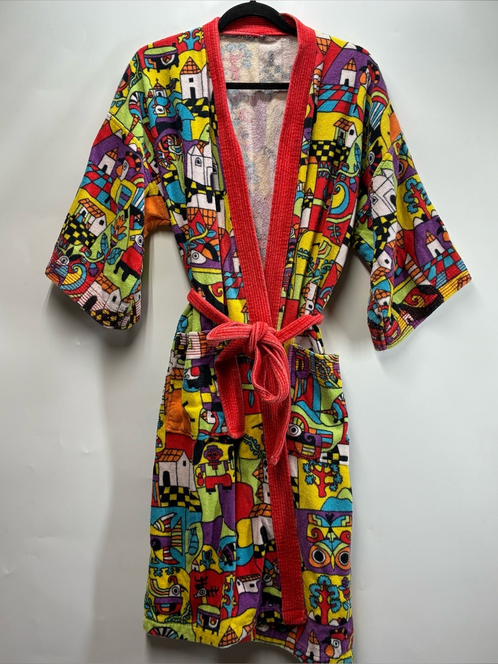 Abstract Art Terry Cloth Robe Vibrant Native Motif Red Pajama Retro Boho Large